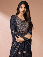 Floral Yoke Design Regular Sequinned Chanderi Cotton Kurta with Palazzos & Dupatta - Inddus.com