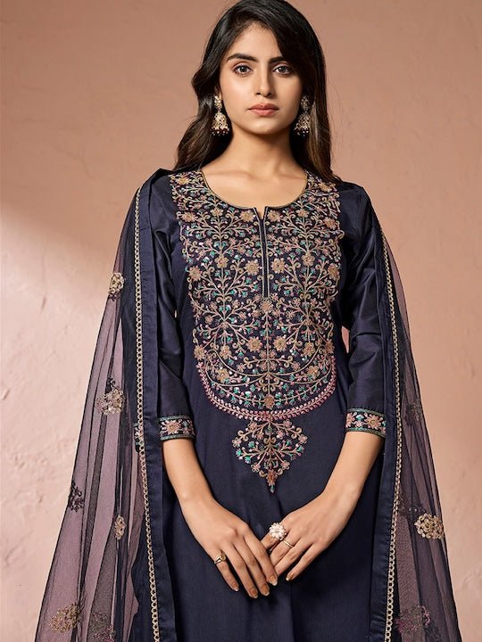 Floral Yoke Design Regular Sequinned Chanderi Cotton Kurta with Palazzos & Dupatta - Inddus.com