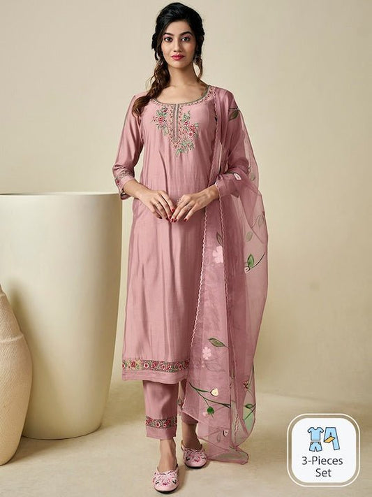 Floral Yoke Design Regular Thread Work Pure Silk Kurta With Trousers & With Dupatta - Inddus.com