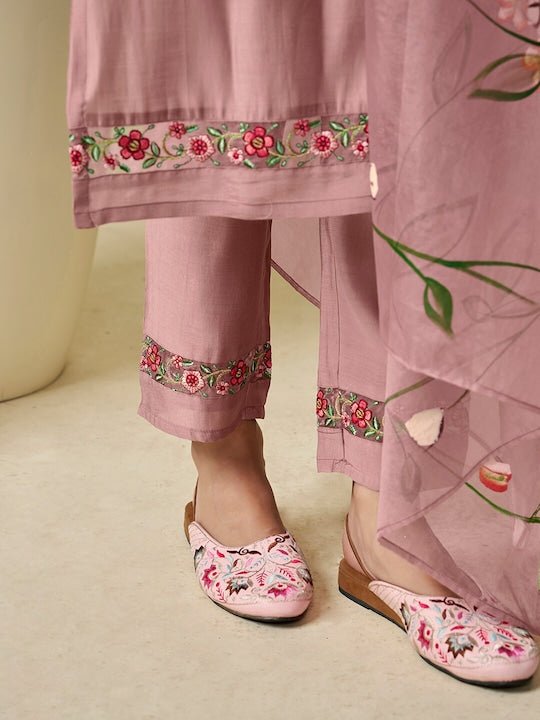 Floral Yoke Design Regular Thread Work Pure Silk Kurta With Trousers & With Dupatta - Inddus.com