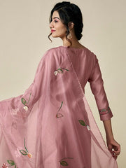 Floral Yoke Design Regular Thread Work Pure Silk Kurta With Trousers & With Dupatta - Inddus.com