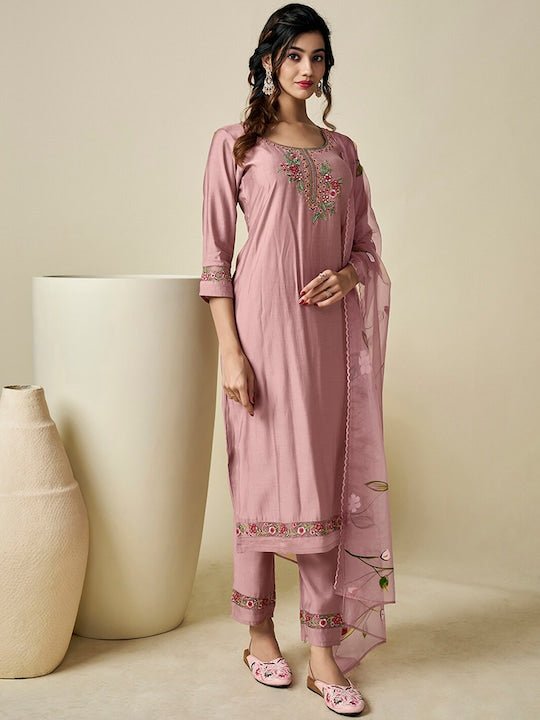 Floral Yoke Design Regular Thread Work Pure Silk Kurta With Trousers & With Dupatta - Inddus.com