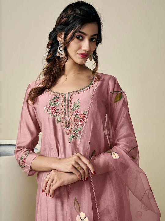 Floral Yoke Design Regular Thread Work Pure Silk Kurta With Trousers & With Dupatta - Inddus.com