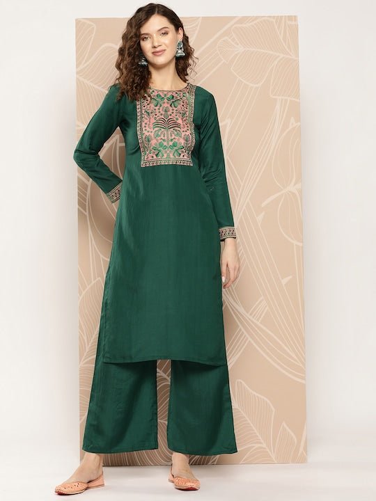 Floral Yoke Design Thread Work Kurta With Palazzos - Inddus.com