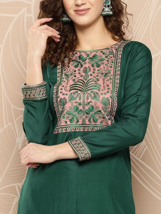 Floral Yoke Design Thread Work Kurta With Palazzos - Inddus.com