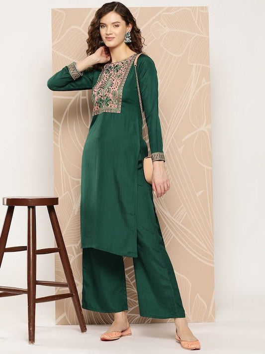 Floral Yoke Design Thread Work Kurta With Palazzos - Inddus.com