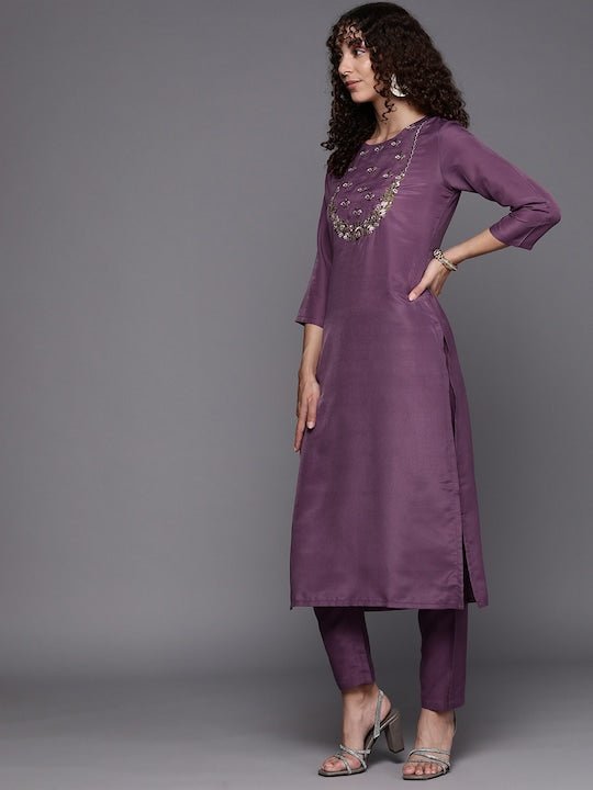 Floral Yoke Design Thread Work Kurta with Trousers - Inddus.com