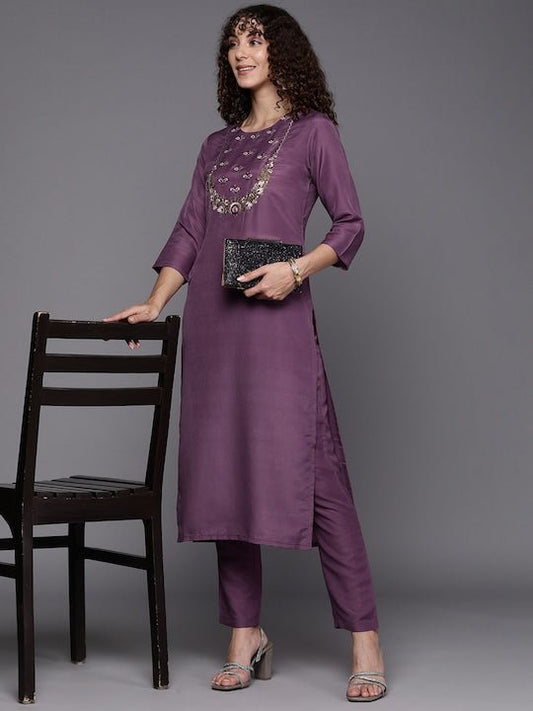 Floral Yoke Design Thread Work Kurta with Trousers - Inddus.com