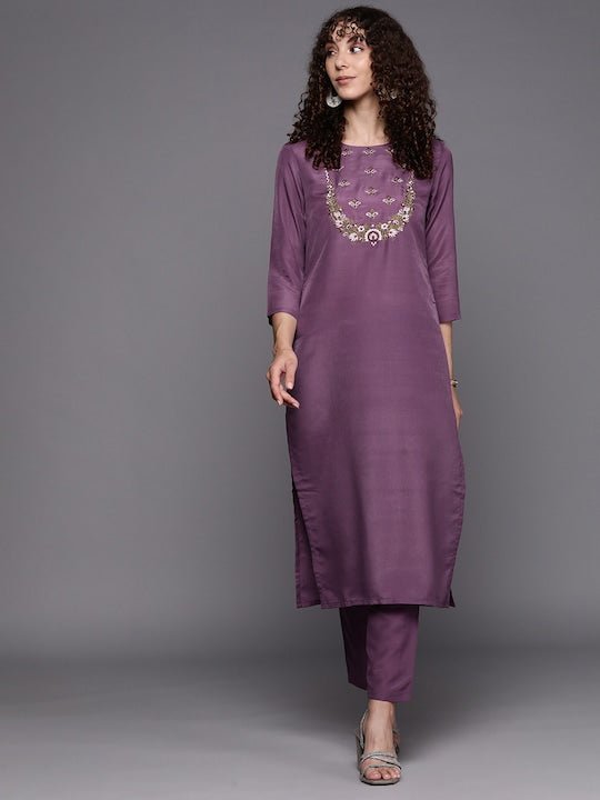 Floral Yoke Design Thread Work Kurta with Trousers - Inddus.com