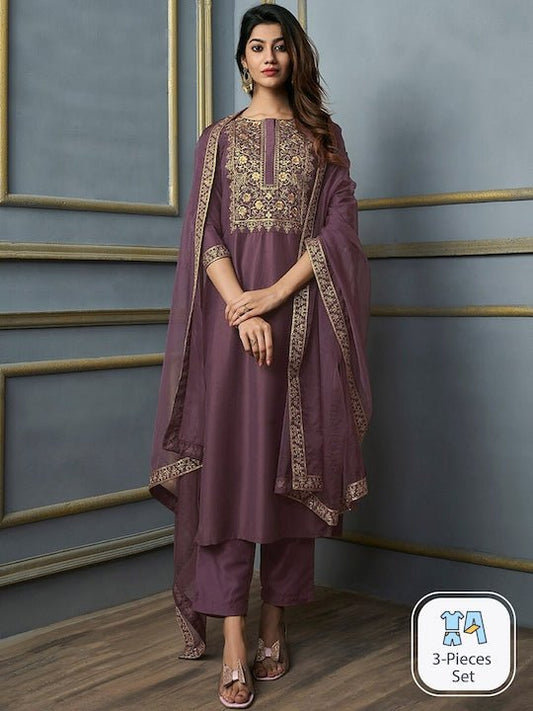 Floral Yoke Design Thread Work Kurta With Trousers & With Dupatta - Inddus.com