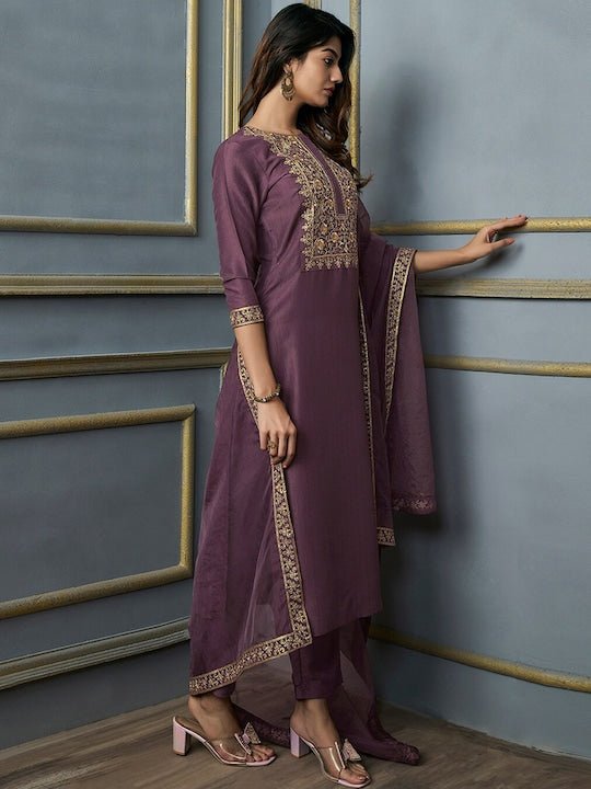 Floral Yoke Design Thread Work Kurta With Trousers & With Dupatta - Inddus.com