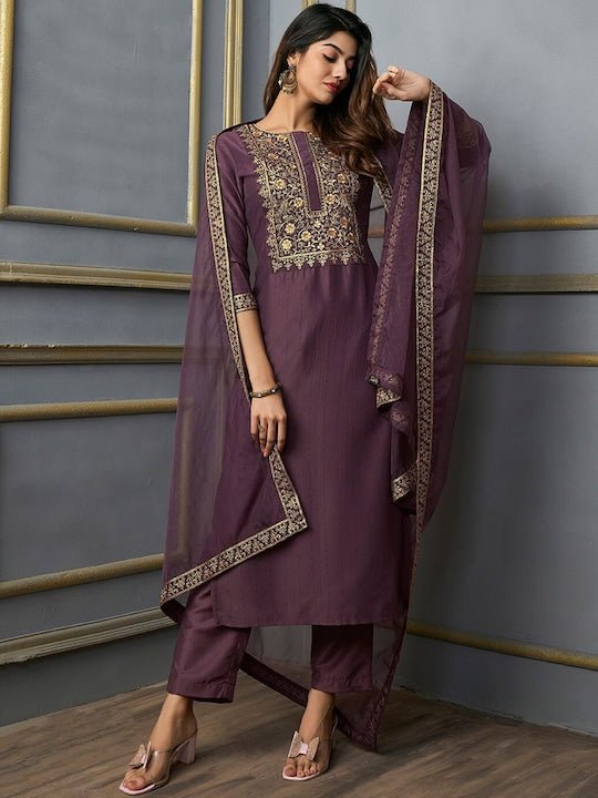 Floral Yoke Design Thread Work Kurta With Trousers & With Dupatta - Inddus.com