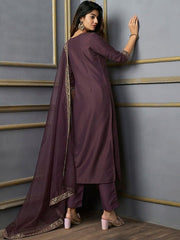 Floral Yoke Design Thread Work Kurta With Trousers & With Dupatta - Inddus.com