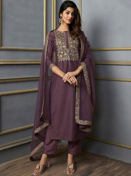 Floral Yoke Design Thread Work Kurta With Trousers & With Dupatta - Inddus.com