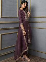 Floral Yoke Design Thread Work Kurta With Trousers & With Dupatta - Inddus.com