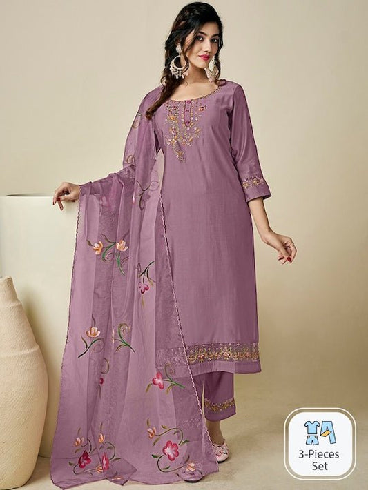 Floral Yoke Design Thread Work Pure Silk Kurta with Trousers & With Dupatta - Inddus.com