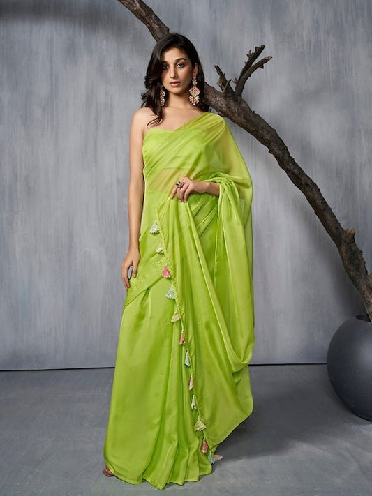 Fluorescent green organza Saree