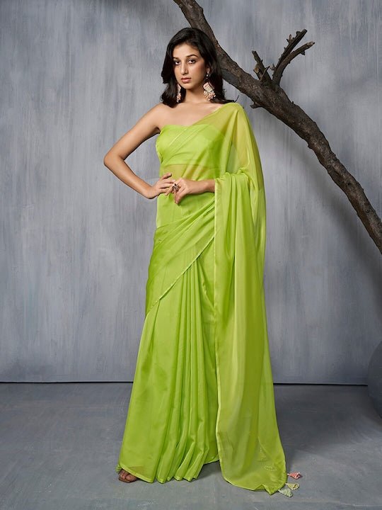 Fluorescent green organza Saree - Inddus.com