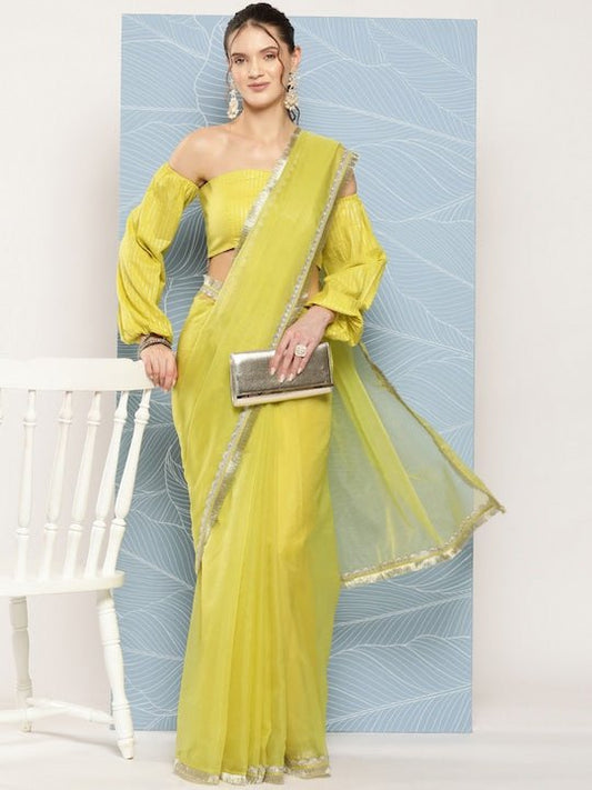 Fluorescent Green Organza Saree - Inddus.com