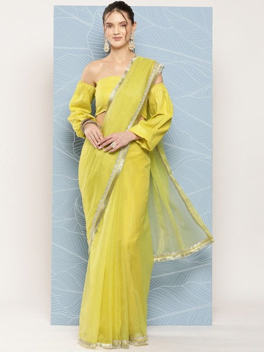 Fluorescent Green Organza Saree - Inddus.com