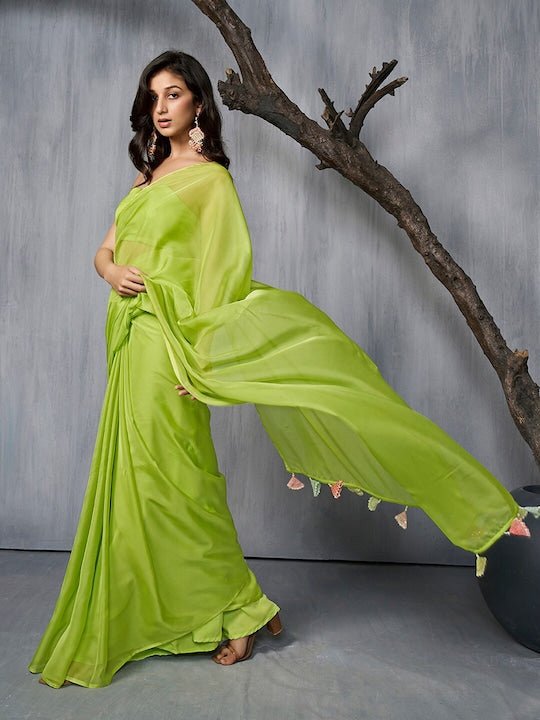 Fluorescent green organza Saree - Inddus.com