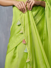 Fluorescent green organza Saree - Inddus.com