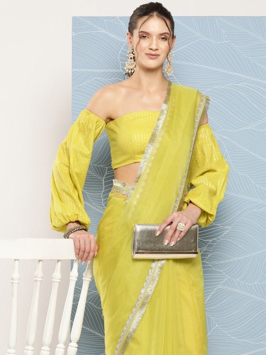 Fluorescent Green Organza Saree - Inddus.com