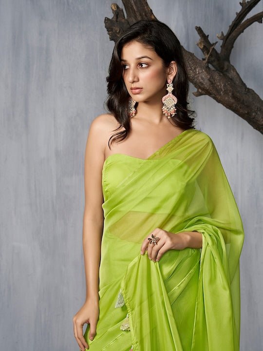 Fluorescent green organza Saree - Inddus.com