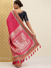 Fuchsia Pink & Silver Ethnic Motifs Sequinned Jashn Banarasi Saree - Inddus.com