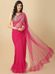 Fuchsia Sequinned Net Saree