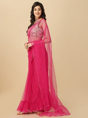 Fuchsia Sequinned Net Saree