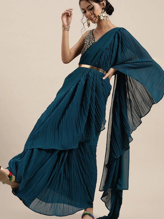 Georgette Teal Ruffle Saree - Inddus.com