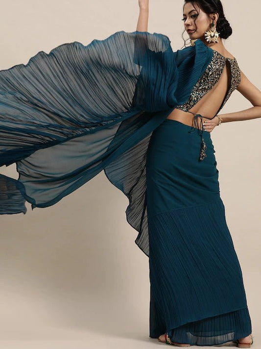 Georgette Teal Ruffle Saree - Inddus.com