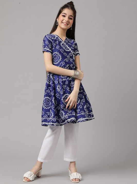 Girls Bandhani Printed Angrakha A-Line Kurta with Trousers - Inddus.com