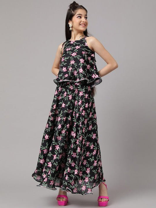 Girls Black Floral Printed Ready to Wear Lehenga & Choli - Inddus.com