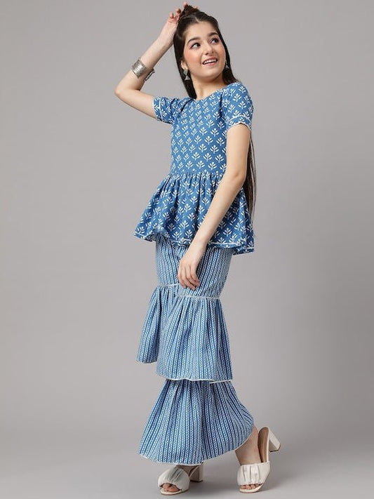 Girls Floral Printed Regular A-Line Kurti with Sharara - Inddus.com