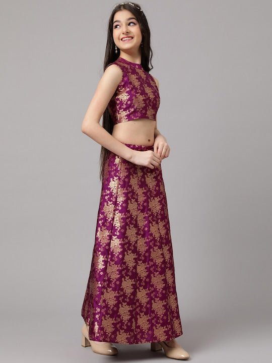 Girls Magenta & Gold-Toned Ready to Wear Lehenga & Choli - Inddus.com