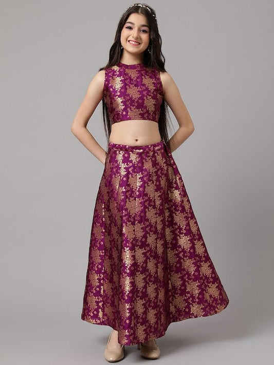 Girls Magenta & Gold-Toned Ready to Wear Lehenga & Choli - Inddus.com