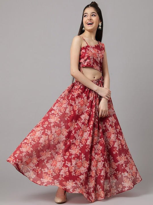 Girls Red & Peach-Coloured Floral Printed Ready to Wear Lehenga & Choli - Inddus.com