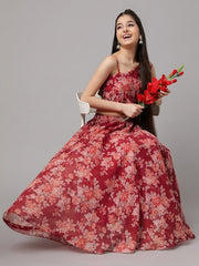 Girls Red & Peach-Coloured Floral Printed Ready to Wear Lehenga & Choli - Inddus.com