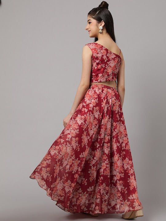 Girls Red & Peach-Coloured Floral Printed Ready to Wear Lehenga & Choli - Inddus.com