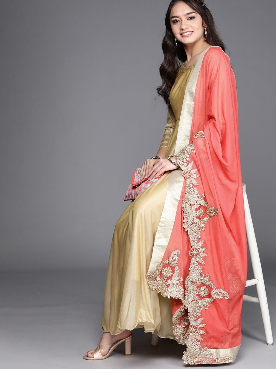 Gold Anarkali Kurta with Pink Dupatta - Inddus.com