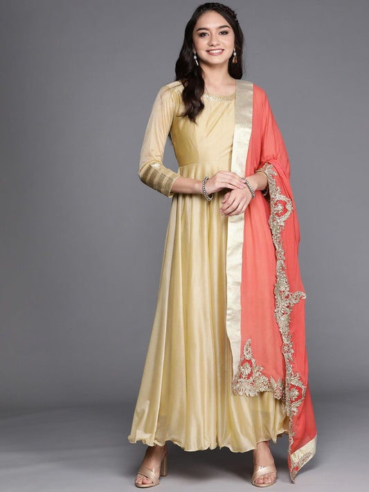 Gold Anarkali Kurta with Pink Dupatta - Inddus.com