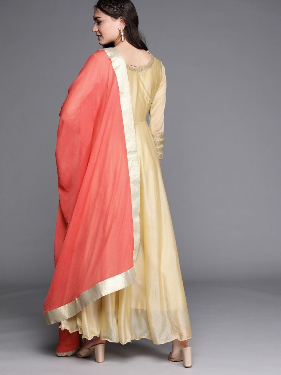 Gold Anarkali Kurta with Pink Dupatta - Inddus.com