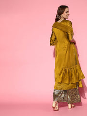 Gold Kurta with Wine Woven Palazzo and Net Ruffle Dupatta - Inddus.com