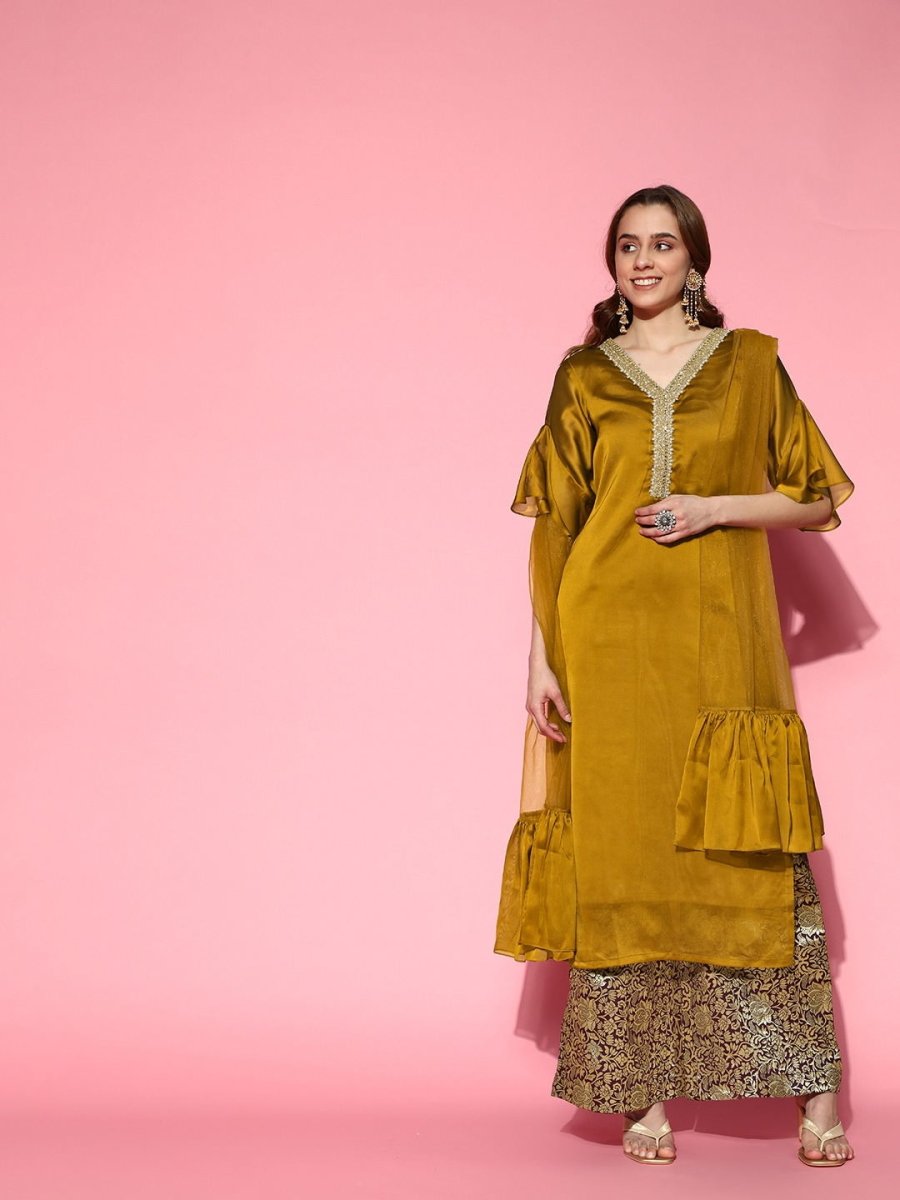 Gold Kurta with Wine Woven Palazzo and Net Ruffle Dupatta - Inddus.com