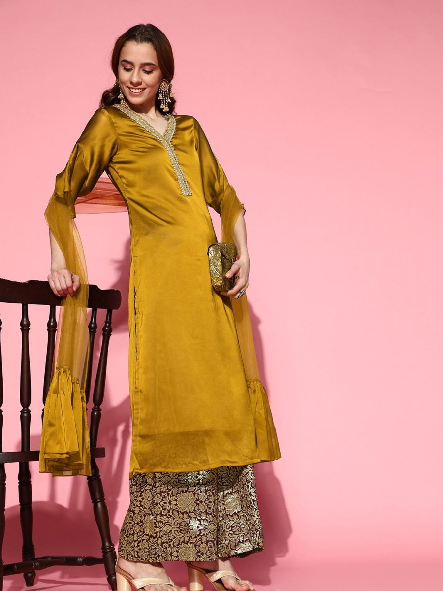 Gold Kurta with Wine Woven Palazzo and Net Ruffle Dupatta - Inddus.com