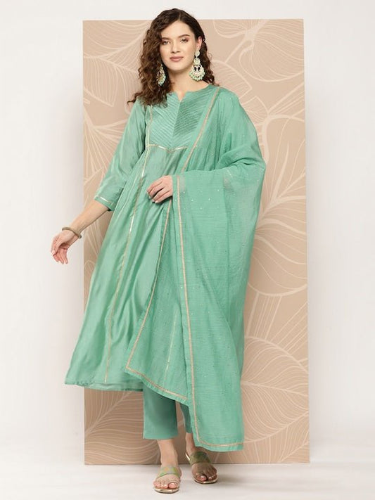 Gotta Patti Chanderi Cotton Kurta with Trousers & With Dupatta - Inddus.com