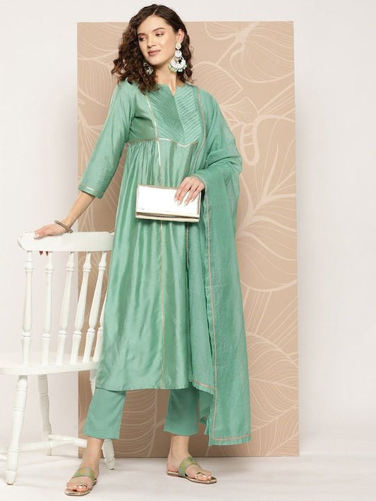 Gotta Patti Chanderi Cotton Kurta with Trousers & With Dupatta - Inddus.com