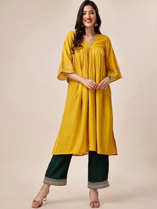 Gotta Patti Detailed V-Neck Flared Sleeves Pure Silk Kurta with Palazzos - Inddus.com